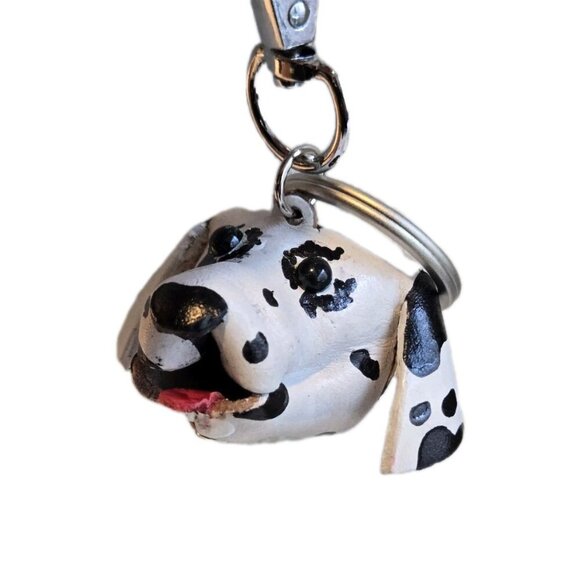 New White Black Dalmatian Dog Animal Handmade 3D Leather Dog Key Chain - Picture 3 of 3